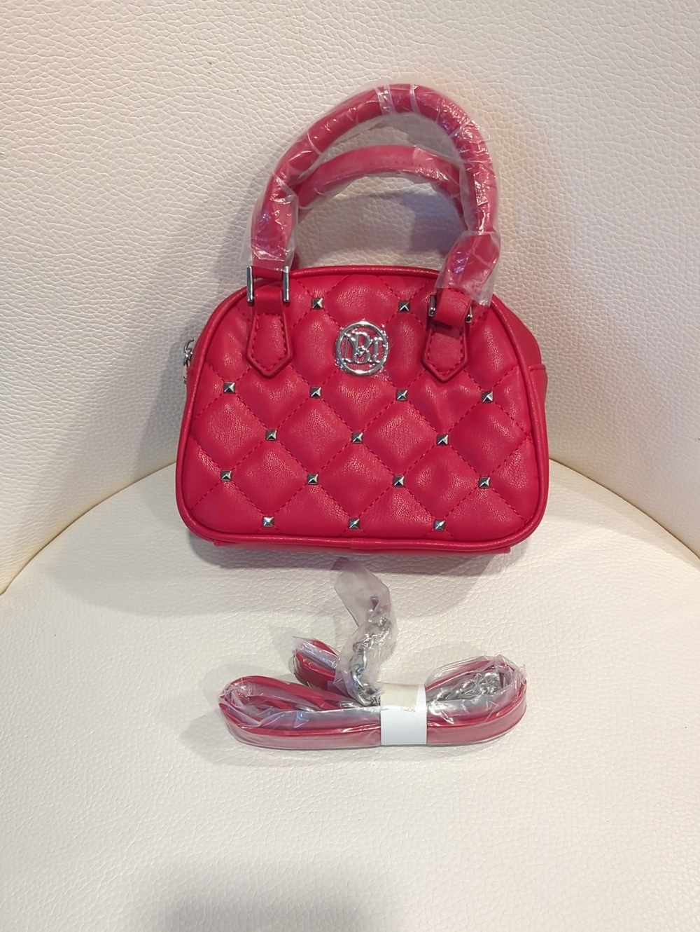 Badgley Mischka Quilted Red Mini Satchel with Silver Studs